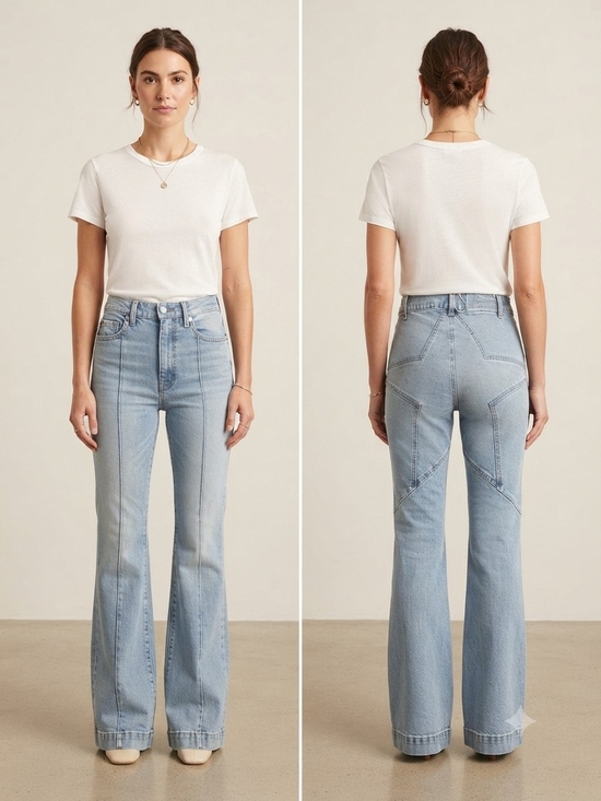 REVICE Denim - Revice High Rise Flare Jeans Size 27 Light Wash Front Seam Star Back